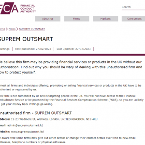 FCA警告：SUPREM OUTSMART不受监管