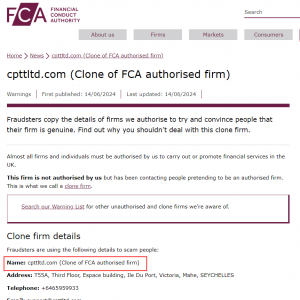 英国FCA 对一家冒充 CPT Markets 的克隆公司发出警告